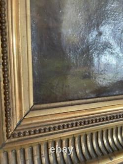 Ancien Tableau Peinture Huile Toile XIXème 19ème Champ Paysan Berger Automne