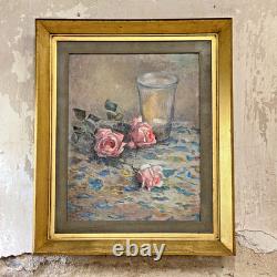 Ancien Tableau Peinture Huile sur Toile Nature Morte aux Roses Art Lorrain
