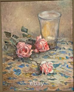 Ancien Tableau Peinture Huile sur Toile Nature Morte aux Roses Art Lorrain