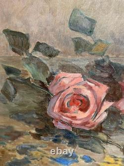 Ancien Tableau Peinture Huile sur Toile Nature Morte aux Roses Art Lorrain