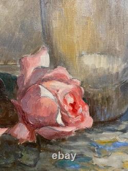 Ancien Tableau Peinture Huile sur Toile Nature Morte aux Roses Art Lorrain
