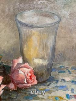 Ancien Tableau Peinture Huile sur Toile Nature Morte aux Roses Art Lorrain