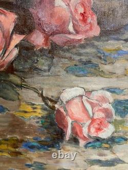 Ancien Tableau Peinture Huile sur Toile Nature Morte aux Roses Art Lorrain