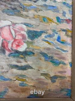 Ancien Tableau Peinture Huile sur Toile Nature Morte aux Roses Art Lorrain