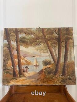 Ancien Tableau Peinture Huile toile Paysage Marin Mer Bateau Viel homme XIX ème