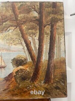 Ancien Tableau Peinture Huile toile Paysage Marin Mer Bateau Viel homme XIX ème