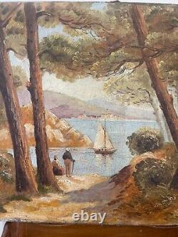 Ancien Tableau Peinture Huile toile Paysage Marin Mer Bateau Viel homme XIX ème