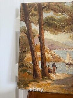 Ancien Tableau Peinture Huile toile Paysage Marin Mer Bateau Viel homme XIX ème