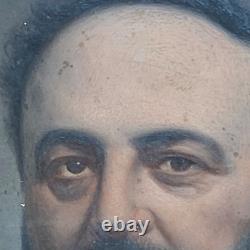 Ancien Tableau Peinture Ovale Portrait Homme à la Barbe Huile sur Zinc 19ème