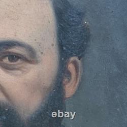 Ancien Tableau Peinture Ovale Portrait Homme à la Barbe Huile sur Zinc 19ème