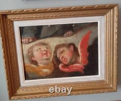 Ancien Tableau Peinture à l'huile sur toile, 2 Têtes d'anges