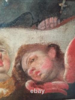 Ancien Tableau Peinture à l'huile sur toile, 2 Têtes d'anges