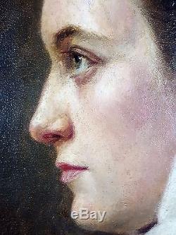 Ancien Tableau Portrait De Femme Peinture Huile Antique Oil Painting