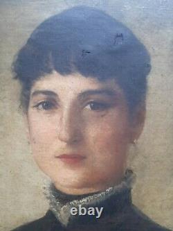 Ancien Tableau Portrait Femme Élégante XIX ème