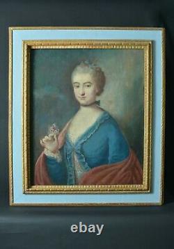 Ancien Tableau Portrait Louis XV jeune femme courtisane tenant un bouquet huile