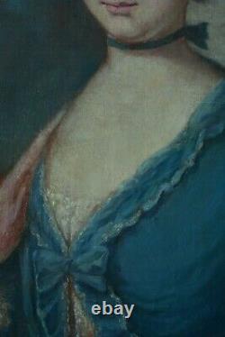 Ancien Tableau Portrait Louis XV jeune femme courtisane tenant un bouquet huile
