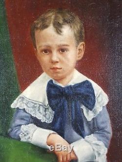 Ancien Tableau Portrait d'Enfant Peinture Huile Antique Oil Painting