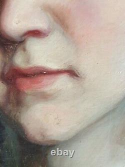 Ancien Tableau Portrait de Femme Peinture Huile Broche Antique Painting Woman