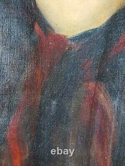 Ancien Tableau Portrait de Femme Songeuse Peinture Huile Toile Oil Painting