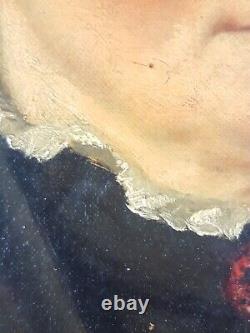 Ancien Tableau Portrait de Femme à la Coiffe Peinture Huile Antique Painting