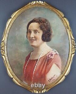 Ancien Tableau Portrait de Femme au Collier Peinture 1928 Huile Painting Woman