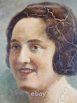 Ancien Tableau Portrait de Femme au Collier Peinture 1928 Huile Painting Woman