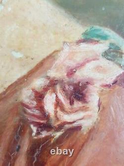 Ancien Tableau Portrait de Femme au Collier Peinture 1928 Huile Painting Woman
