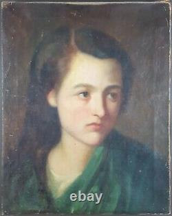 Ancien Tableau Portrait de Jeune Femme Peinture Huile Antique Oil Painting