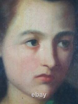 Ancien Tableau Portrait de Jeune Femme Peinture Huile Antique Oil Painting