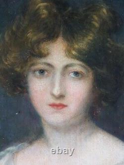 Ancien Tableau Portrait de Jeune Femme Peinture Huile Antique Painting Lady