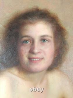 Ancien Tableau Portrait de Jeune Femme Peinture Huile Nu Painting Woman Nude