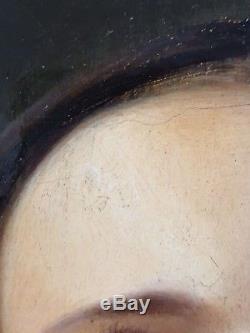 Ancien Tableau Portrait de Jeune Fille Peinture Huile Antique Oil Painting