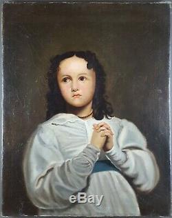 Ancien Tableau Portrait de Jeune Fille Peinture Huile Antique Oil Painting Old