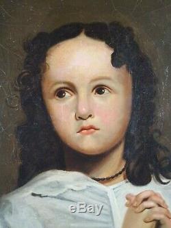 Ancien Tableau Portrait de Jeune Fille Peinture Huile Antique Oil Painting Old