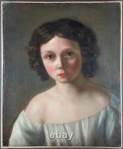 Ancien Tableau Portrait de Jeune Fille Peinture Huile Toile Oil Painting Girl
