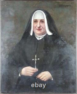 Ancien Tableau Portrait de Religieuse Peinture Huile Antique Oil Painting Nun