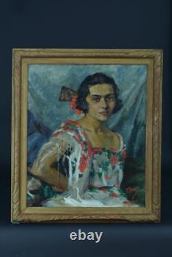 Ancien Tableau Portrait de jeune fille Costume Espagne 1930 Mag hst cadre