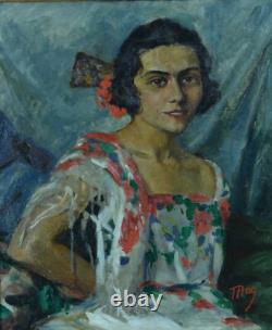 Ancien Tableau Portrait de jeune fille Costume Espagne 1930 Mag hst cadre