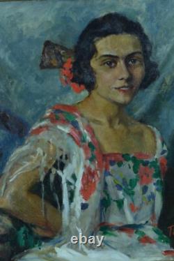 Ancien Tableau Portrait de jeune fille Costume Espagne 1930 Mag hst cadre