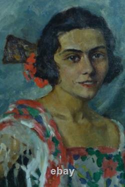 Ancien Tableau Portrait de jeune fille Costume Espagne 1930 Mag hst cadre