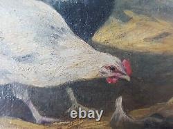 Ancien Tableau Poules et Coq Peinture Huile Antique Oil Painting Hens Rooster