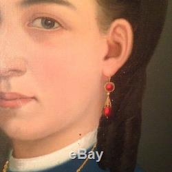 Ancien Tableau RASTOUX JULES XIXe Portrait de Jeune Femme Rose blanche 19ème