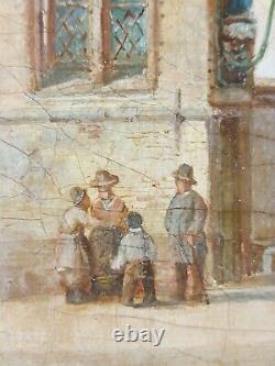 Ancien Tableau Scène de Rue Peinture Huile Toile Antique Oil Painting Gemälde