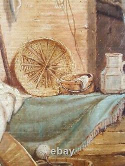 Ancien Tableau Scène de Vie Peinture Huile Toile 1853 Antique Oil Painting Old