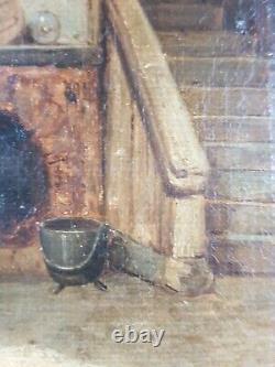 Ancien Tableau Scène de Vie Peinture Huile Toile 1853 Antique Oil Painting Old