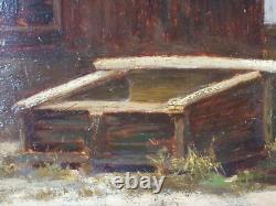 Ancien Tableau Scène de Vie à la Montagne Peinture Huile Antique Oil Painting