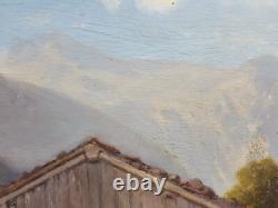 Ancien Tableau Scène de Vie à la Montagne Peinture Huile Antique Oil Painting