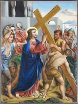 Ancien Tableau Simon de Cyrène aide Jésus Peinture Huile Oil Painting Jesus