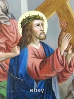 Ancien Tableau Simon de Cyrène aide Jésus Peinture Huile Oil Painting Jesus