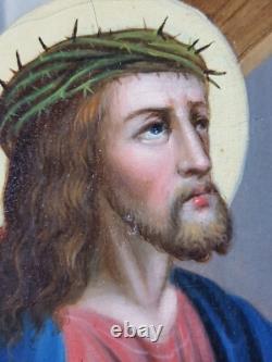 Ancien Tableau Simon de Cyrène aide Jésus Peinture Huile Oil Painting Jesus